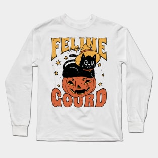 Feline Gourd Funny Halloween Pun Pumpkin Cat Long Sleeve T-Shirt